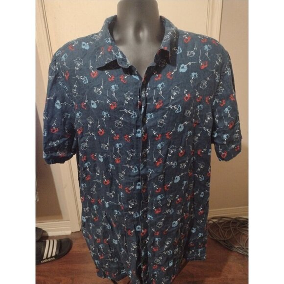 PERRY ELLIS Floral Vines 100% Linen Mens Shirt 2X 2XL Big Short Sleeve Button Up - Picture 1 of 12